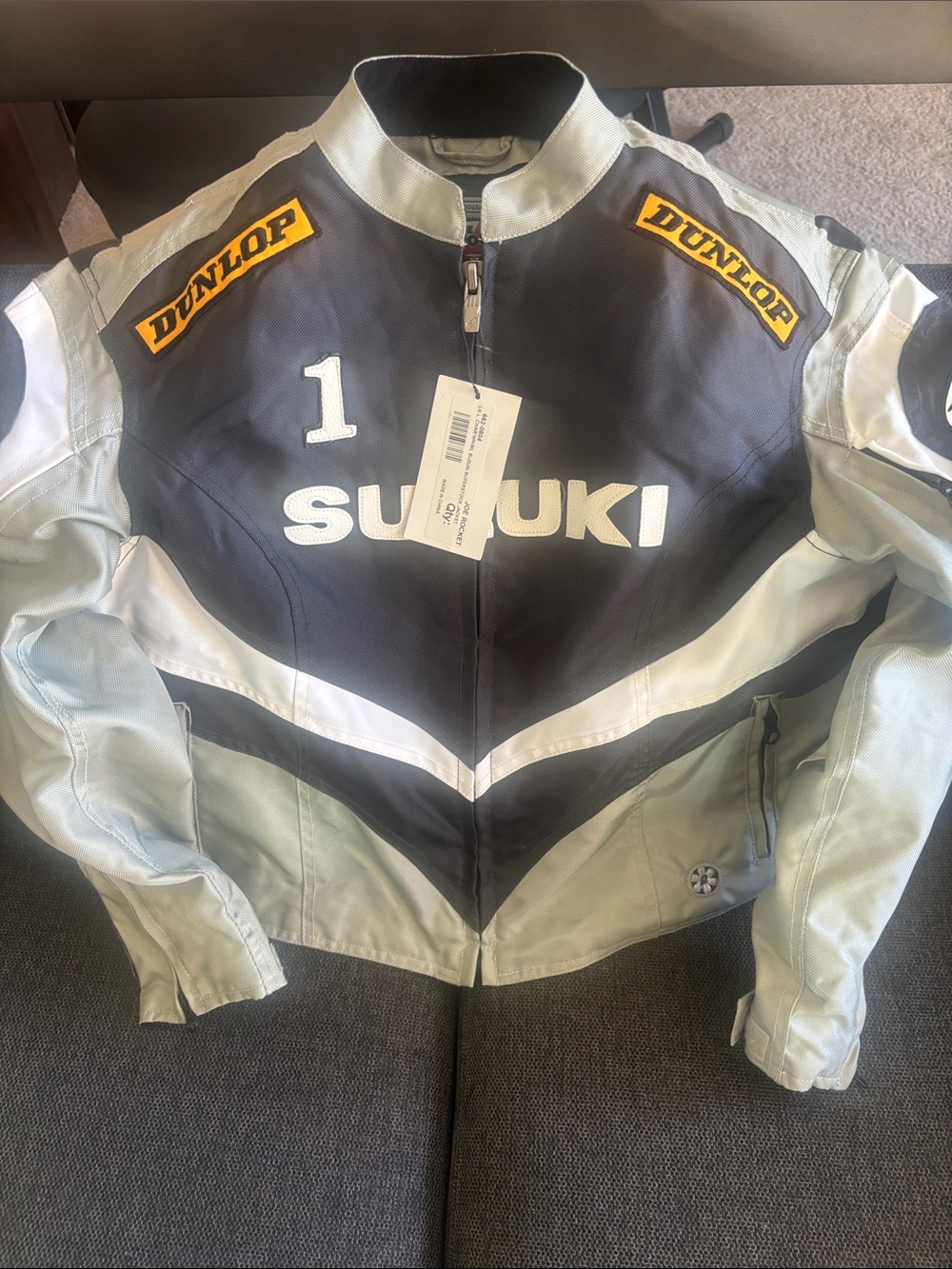 Joe Rocket Suzuki Black and White Motorcycle Jacket with Dunlop Patches